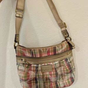 Coach Tan and Pink Plaid Crossbody Bag with Adjustable Strap